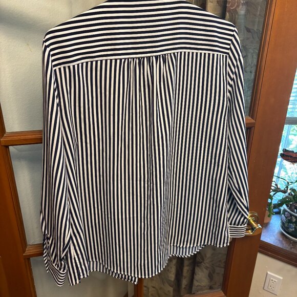 Blue and White Vertical Striped Business Blouse Size L - Picture 3 of 3